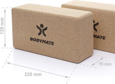 Набір йога-блоків з натурального корка BODYMATE (2 шт), екологічні блоки для йоги, пілатесу та медитації, 22 x 12 x 7,5 см