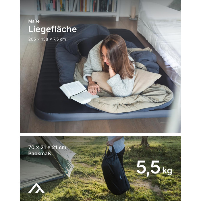 Надувний килимок Qeedo Cloudmat Premium - для кемпінгу, подорожей та гостей (Dark Navy, Double XL)