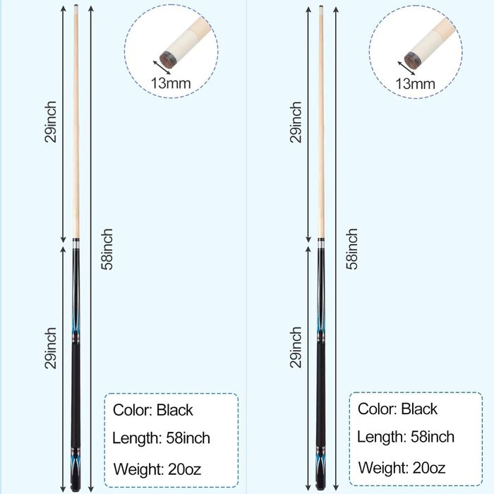 Більярдний кий 1/2 Maple Queue Sticks Pool Cue, 20 oz (580 г) з наконечником 13mm, чорний або білий колір. Підходить для чоловіків та жінок.