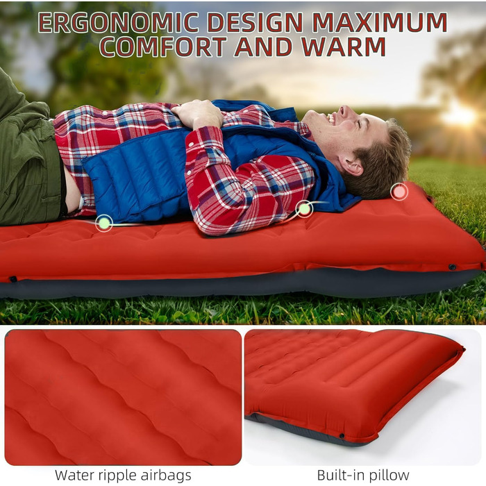 Надувний килимок для кемпінгу з інтегрованим насосом та подушкою, 12.7 см, компактний, для подорожей, туризму та відпочинку на природі (Оранжево-Чорний)