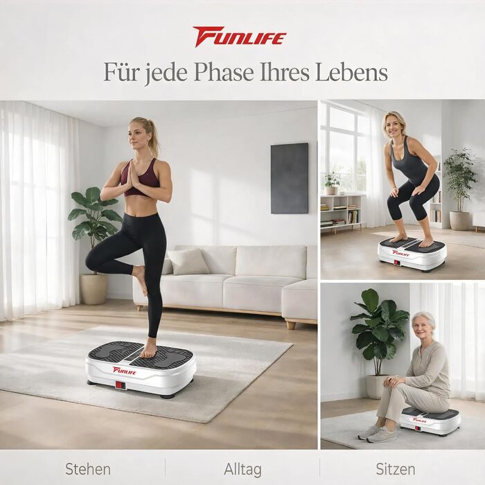 Віброплатформа Funlife 120кг, 180 рівнів, 5 програм, Bluetooth, динаміки + троси для тренувань - для всього тіла, біла