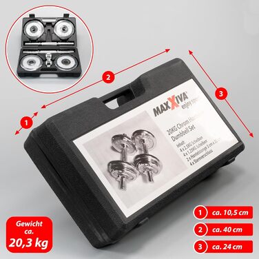 Набір гантелей MAXXIVA 2x10 кг, хром, 8 дисків, зірковий замок, у кейсі, для бодібілдингу та реабілітації, 20 кг