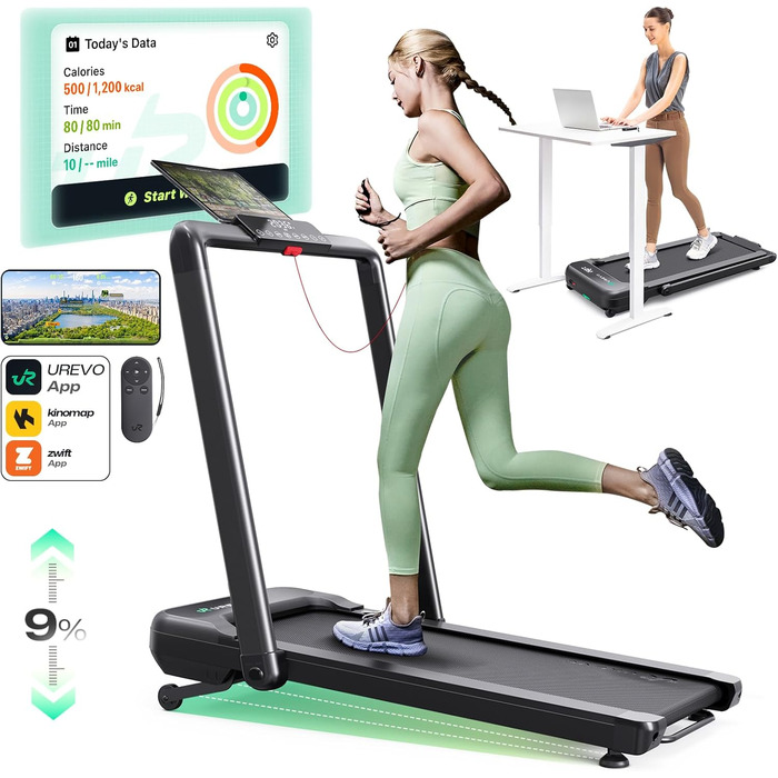 Бігова доріжка UREVO Strol 2S Pro 3-в-1, розумна, складна, 1-12 км/год, з APP, автоматичний нахил, подвійний дисплей, для дому та офісу