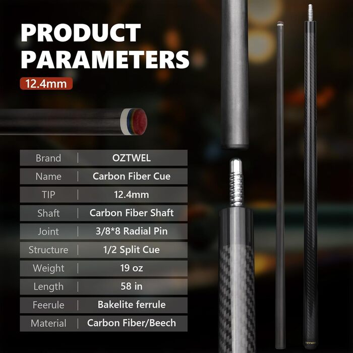 Професійний кий для більярду з карбону, 12.4 мм, 8-шарова вершина, низька відсікання, для дорослих, з професійним конусом, 3/8 x 8, чорний