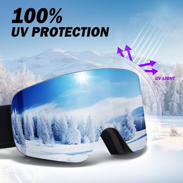 Скі-маска JQF Gear для унісекс, YH227 сноуборд маска OTG з антиковзним ремінцем, захист від УФ, антитуманність, скі-маски повністю покриті REVO, регульовані скі-окуляри для катання на лижах (09-Срібло/Чорний+Лінза (VLT13%))