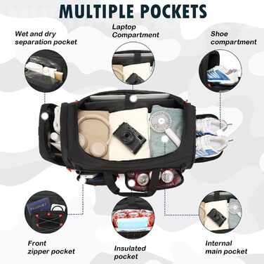 Спортивна сумка 50L для чоловіків 3-в-1 з відділенням для мокрого одягу та взуття, рюкзак, дорожня сумка, валіза ручної поклажі, для тренувань, залу, плавання, подорожей (чорний)