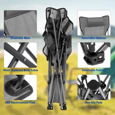 Складний стілець для кемпінгу eSituro: рибальський, пляжний з підставкою для ніг та тримачем для напоїв, сірий