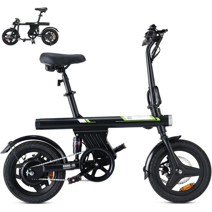 Складаний електровелосипед Finbike 14/16 дюймів, 250Вт, акумулятор 7.8Ah, швидка зарядка 3 год, 3 режими їзди, максимальна дальність 45 км, для дорослих і підлітків, чорний-зелений
