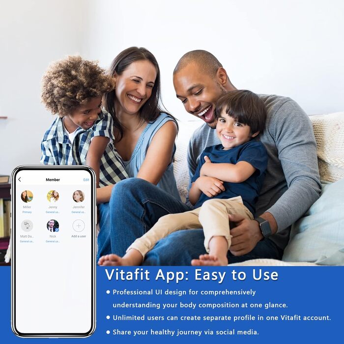 Ваги для аналізу складу тіла Vitafit з Bluetooth, до 180 кг, вимірювання жиру, м'язової маси, ІМТ, білка, BMR, чорні, з додатком