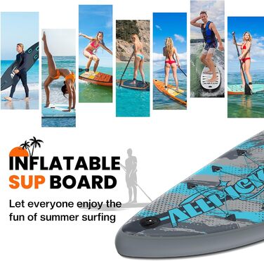 Надувний SUP Борд ALLPICK Premium Set: Комплектація для початківців та просунутих, з камерою, регульованим веслом, 200 кг, колір: ошм'ятково-блакитний
