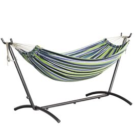 Гамак Mondeer з підставкою, подвійний бавовняний для 2 осіб, портативний для тераси, саду, двору, витримує до 200 кг (Блакитно-зелений)
