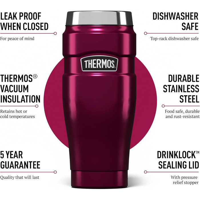 Термокружка Thermos King з нержавіючої сталі, 470 мл, колір малиновий