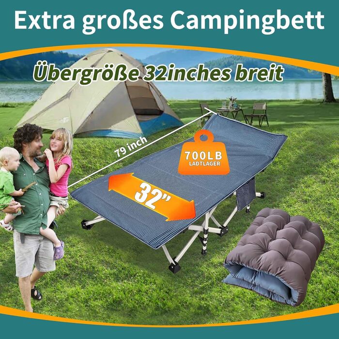 Кемпінгове ліжко з матрацом, розкладне, для відпочинку на природі та вдома (200 кг)