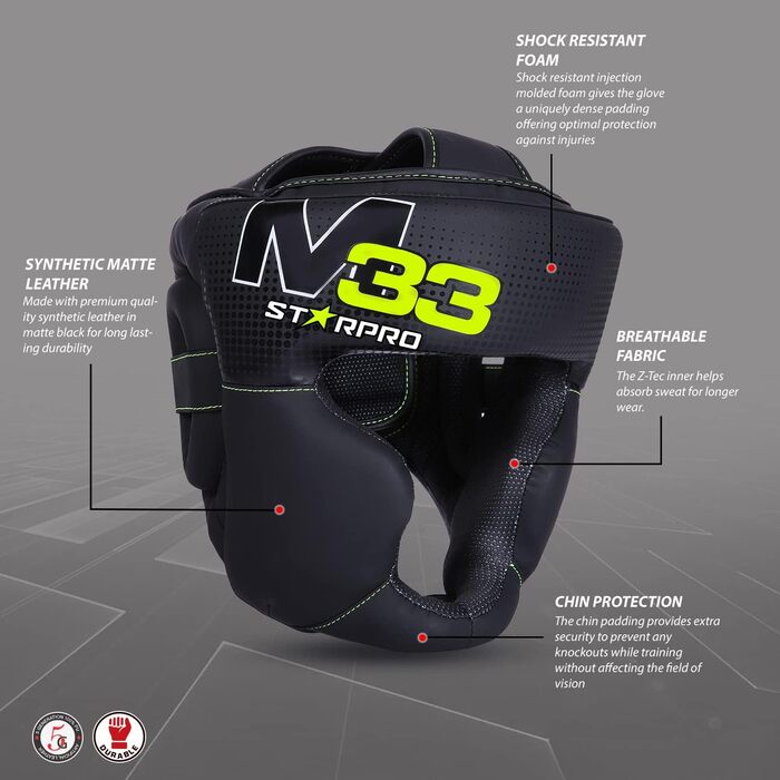 Захисний шолом Starpro M33 для боксу, кікбоксингу, MMA, Муай Тай, Крав Мага, чоловічий та жіночий, з маскою для обличчя, 180° огляд, XS, чорний, з поглинанням поту