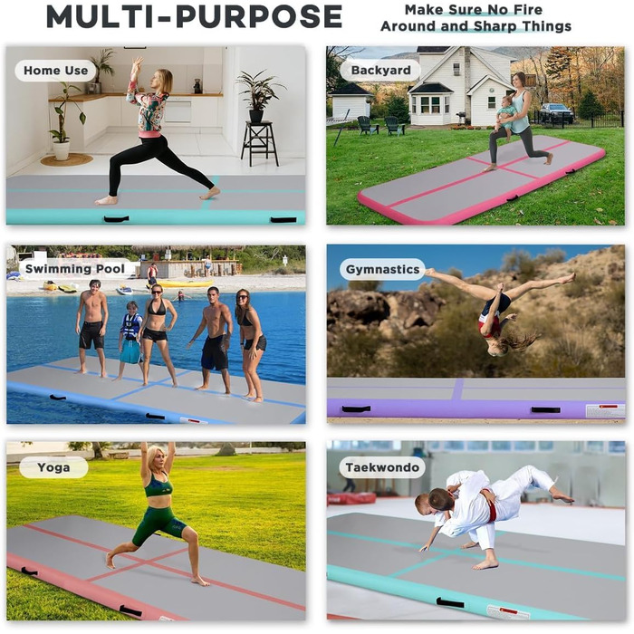 Гімнастичний надувний мат для акробатики та тренувань, 10/20 см, надувний, з насосом, 400x100x10 см, зелений