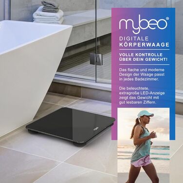Електронні ваги MyBeo - ваги для тіла зі скла, 5-180 кг, великий LCD дисплей, kg/lb, датчики DMS, скло 6 мм, автоматичне вмикання, чорний колір