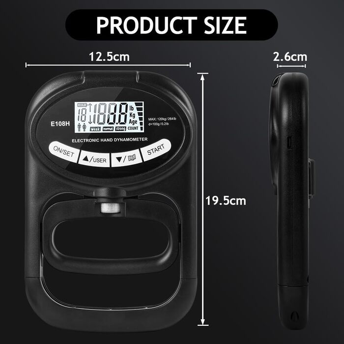 Електронний динамометр для вимірювання сили хвата, 120 кг, з USB-кабелем