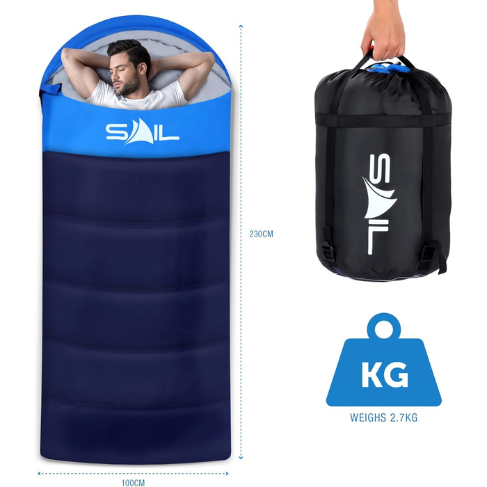 Спальний мішок SAIL XL для великих людей, 3-4 сезони, 1.6-2.7 кг, легкий, водонепроникний, для туризму та кемпінгу (Блакитний)