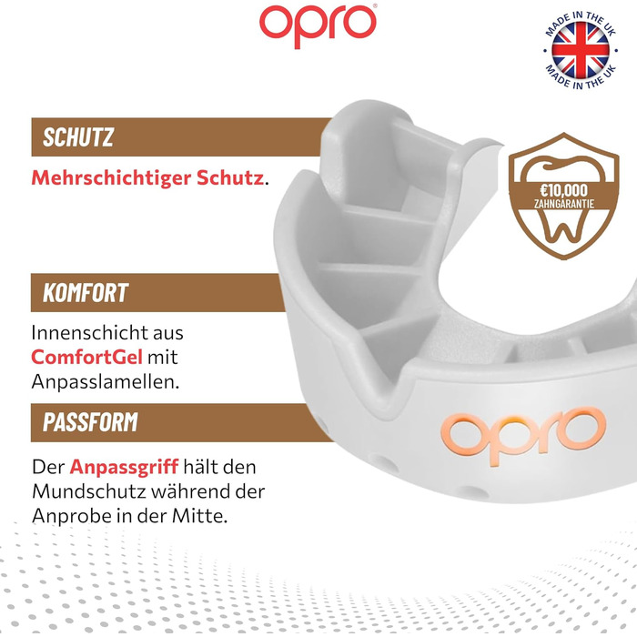 Захист зубів OPRO Bronze – для боксу, єдиноборств, MMA, дорослих та дітей – самоадаптуюча накладна шина для хокею, кікбоксингу, регбі – надійна фіксація – з гарантією від дантиста (білий, дитячий (до 10 років))