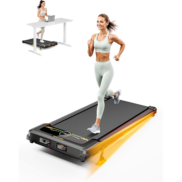 Біговий тренажер з нахилом 10%, Компактний біговий стіл для дому та офісу, Walking Pad, вантажопідйомність 150 кг, 2.5HP тихий мотор, портативна бігова доріжка з пультом керування 1-6 км/год, жовтий