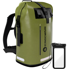 Водонепроникний рюкзак Scandic Nature Pioneer з ролтоп закриттям 35L/55L, чорний, жовтий, оливково-зелений - надміцний завдяки дну з 1000D PVC тканини, водонепроникний чохол для телефону IPX8, 35 літрів