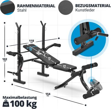 Універсальна лавка для жиму ArtSport ProfiGym1000, складана, 4-позиційна, з тримачем для штанги, біцепс-карі та батерфляй, тренувальна, похила і горизонтальна