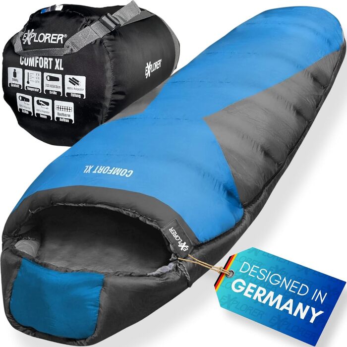 Сплячий мішок EXPLORER® Comfort XL -23°C -5°C для дорослих, 3-4 сезони, зимовий, 230x85x70cm, 1900g, комбінується, для кемпінгу, трекінгу та подорожей (Синій/Сірий)