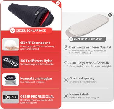 Спальний мішок для дорослих та дітей, зимовий, легкий, Outdoor 8°C ~ -30°C, для кемпінгу та альпінізму, 650 FP гусячий пух, 500г, чорний