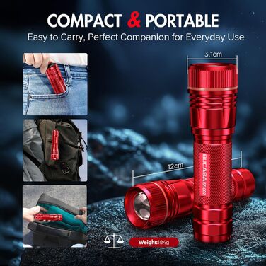 Ліхтарик LED BUCASA, 2000 люмен, 3 режими, збільшується, водонепроникний, для кемпінгу та активного відпочинку (червоний)