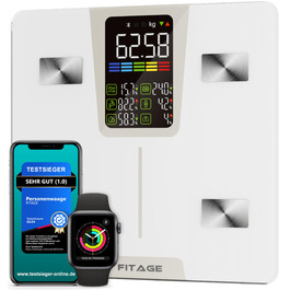 Цифрова вага-аналізатор тіла Testsieger 2025, до 225 кг, 17 показників, аналіз тіла через додаток, вимірювання жиру та м'язової маси, великий LED-дисплей - білий