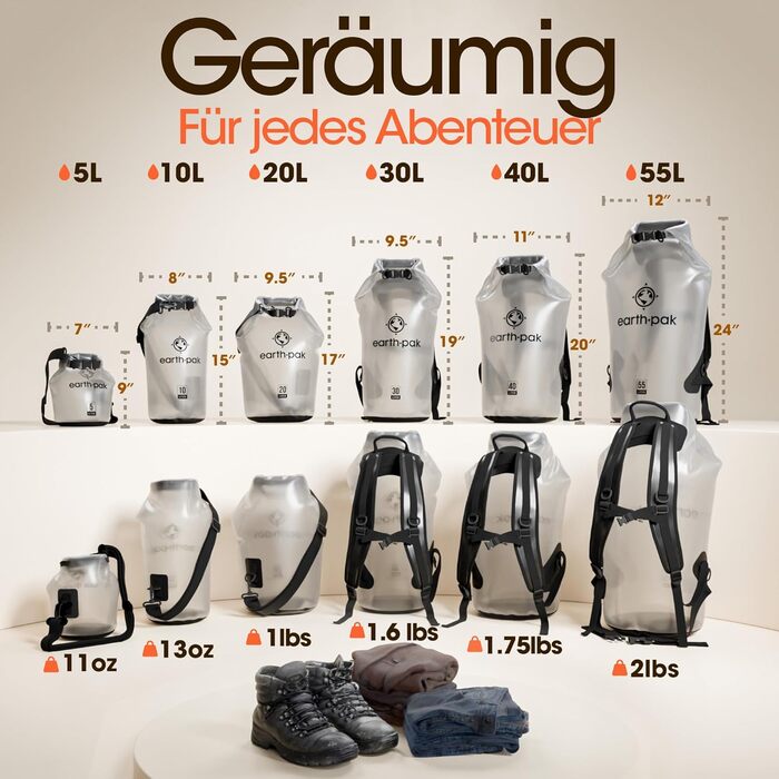 Earth Pak Packsack Rolltop 10L: Водонепроникний рюкзак з водонепроникним чохлом для телефону - для каякінгу, піших прогулянок, кемпінгу, риболовлі, сплавів