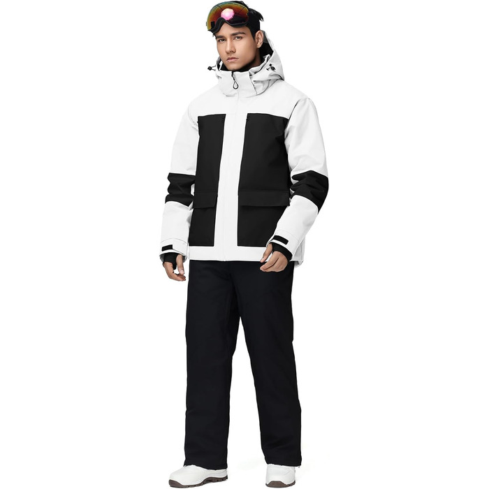 Комплект гірськолижний чоловічий HOTIAN: куртка та штани, дихаючий, водонепроникний, вітрозахисний, знімний капюшон, для сноуборду, розмір XL, чорний та білий