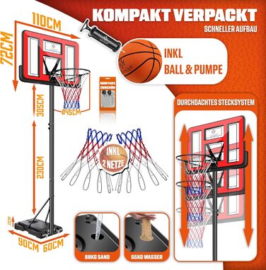 Баскетбольний кошик KESSER® Outdoor зі стійкою та колесами. В комплекті: 2 сітки, м'яч та насос. Регульована висота 230-305 см. Підходить для дітей та дорослих (червоний)