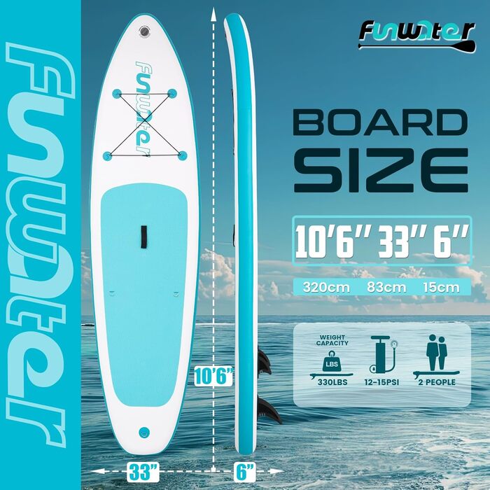 Надувний SUP Борд FunWater 320CM – Комплект для Сапбордингу: Весло, Рюкзак, 3 Ласти, Насос, Леєра. Підходить для початківців та досвідчених. 10' 6 – Оранжевий/Білий