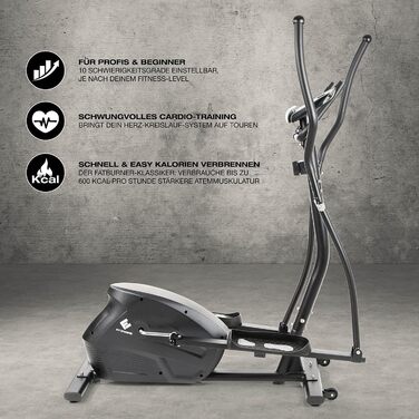 FitEngine Crosstrainer з 10 рівнями навантаження, великим дисплеєм та тримачем для планшета/смартфона, датчиками пульсу та неслизькими педалями (до 150 кг)