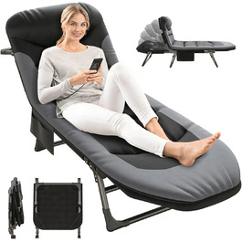 Кемпінгове ліжко AlpineAura - широке, складне, 190x65x30 см, 6 положень, для відпочинку на природі, чорне