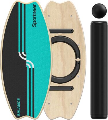 Sportneer Баланс Борд для Дорослих – 7-в-1 Дошка для Балансування, Серфінгу та Фітнесу, Дерев'яна, для Тренування, Реабілітації та Координації, з Роликом та М'ячем, Жовтого та Чорного кольорів (M, Синій та Чорний)