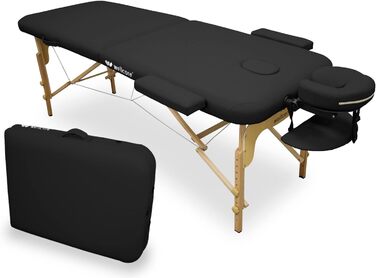 WELLCORE масажний стіл складаний з дерева і шкірозамінника, 185x65 см, регульована висота, знімний підголівник, розширювачі для рук, отвір для обличчя, чорний, до 225 кг