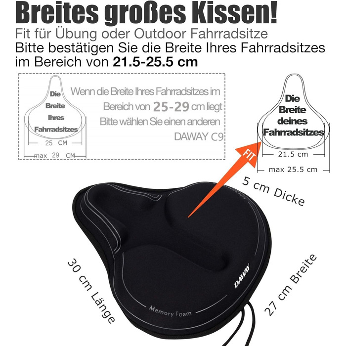 Покриття на сидіння велосипедного крісла Daway з силіконовим гелем та піною Memory Foam - XL/L/M/S, 30 x 27 см, чорний