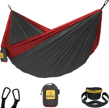 Гамак для кемпінгу Wise Owl Outfitters – одинарний або подвійний, для дому та відпочинку на природі, з сумкою для зберігання, аксесуари для рюкзака та подорожей (антрацит та червоний, подвійне спальне місце)