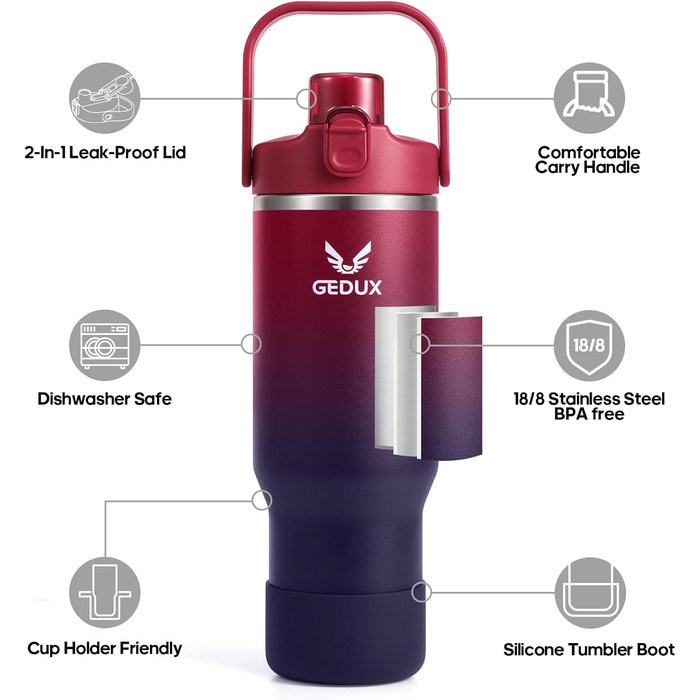Спортивна термобутилка GEDUX IceFlow Flip Straw 1 л із трубочкою, зберігає холод понад 12 годин, герметична, BPA Free, для води, червоно-чорна, підходить для посудомийки