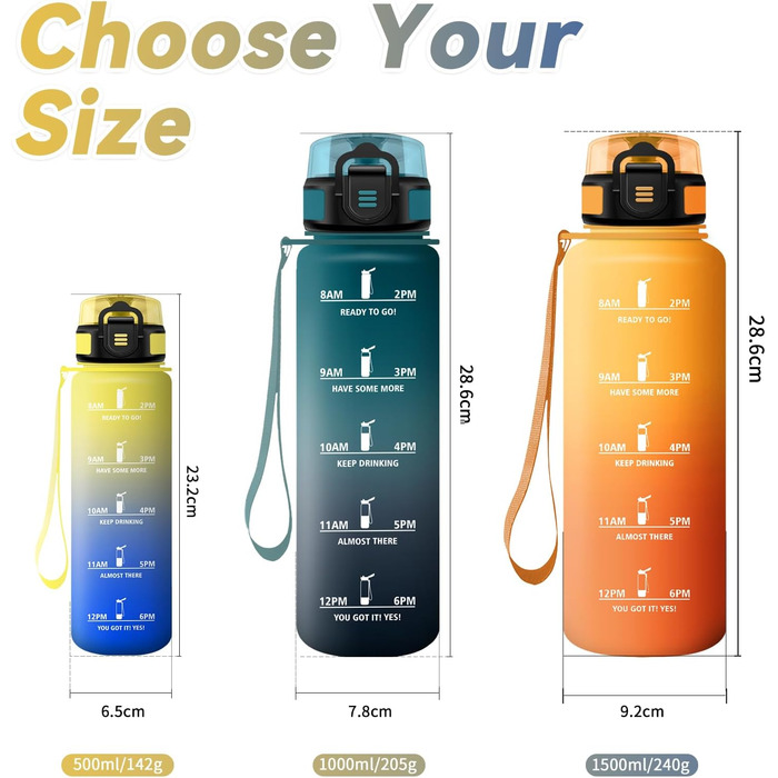 Спортивна пляшка для води 1л з маркуванням часу, фільтром, для напоїв з газом, без витоку, для велосипеда, бігу, дорослих (жовто-королівсько-блакитна)