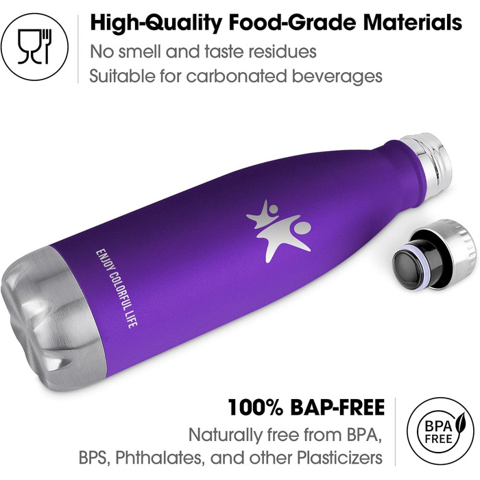 Термос-пляшка KollyKolla з нержавіючої сталі 500мл/750мл/1л, без витоку, ізольована, для дітей, спорту, школи, фітнесу, відпочинку на природі, кемпінгу (500 мл, нова | Темно-фіолетовий)