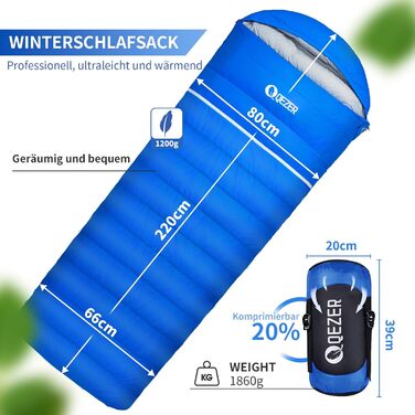 Сплячий мішок пуховий, 4-сезонний, зимовий -3°C до -20°C. Підходить для кемпінгу, походів та відпочинку на природі для дорослих та дітей. Чорний та блакитний кольори.