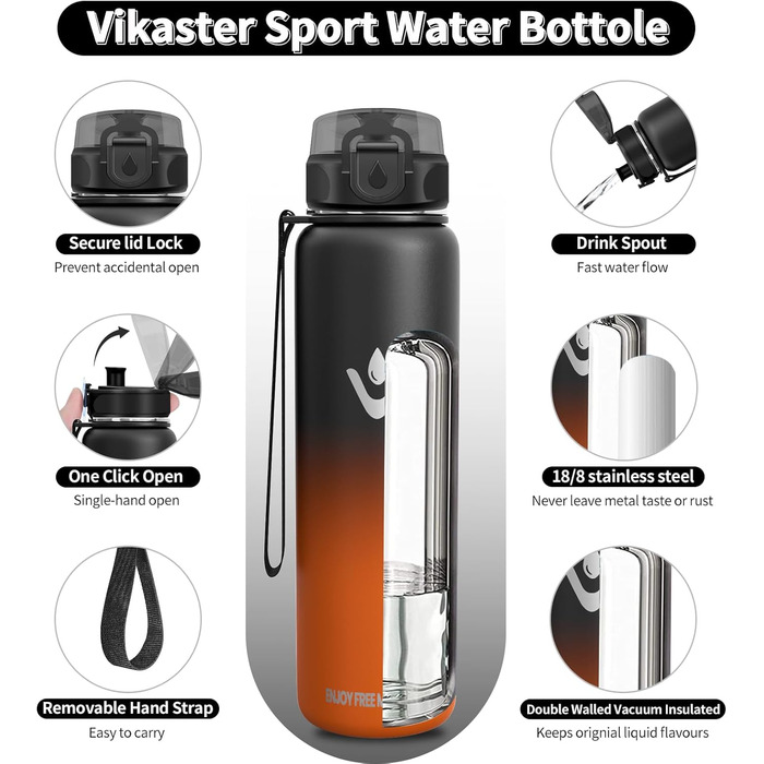 Термопляшка Vikaster 500 мл, нержавіюча сталь, без BPA, для спорту, подорожей та фітнесу, чорно-винна