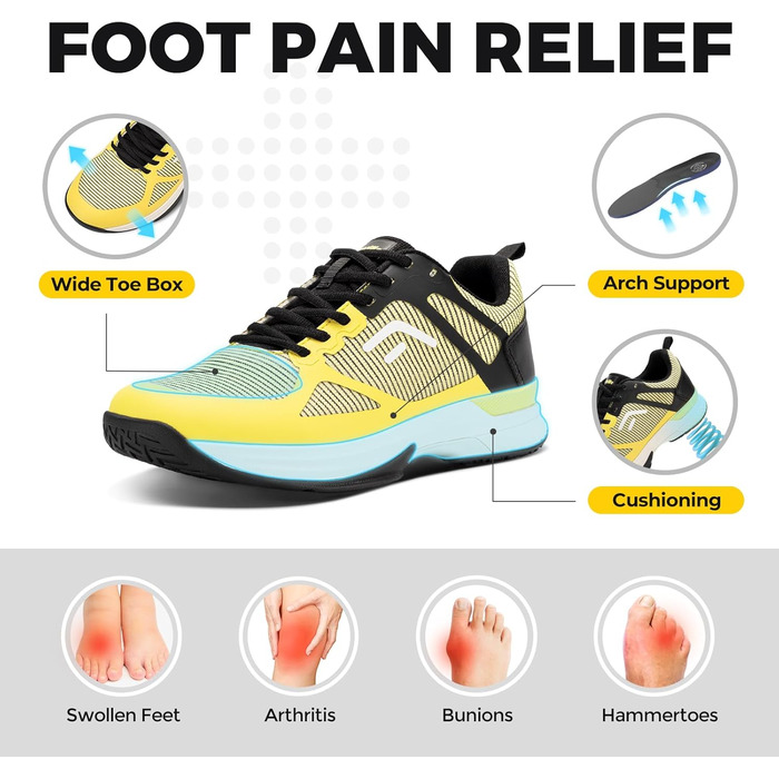 Тенісні кросівки FitVille для чоловіків з широкою ногою. Зручні кросівки для бадмінтону, фітнесу та залу. Неслизькі, дихаючі, жовтого кольору з чорним. 46 EU (широкі)