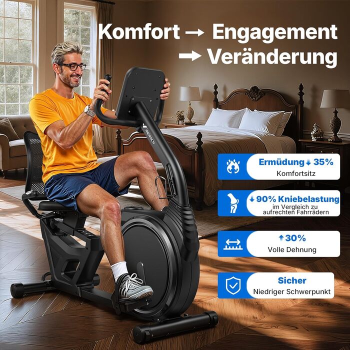 Велотренажер MERACH Liegeergometer для дому з 8 рівнями регулювання опору, легкий комерційний велотренажер з Bluetooth, LCD-дисплеєм та датчиками пульсу (Чорний, автоматичне регулювання опору)