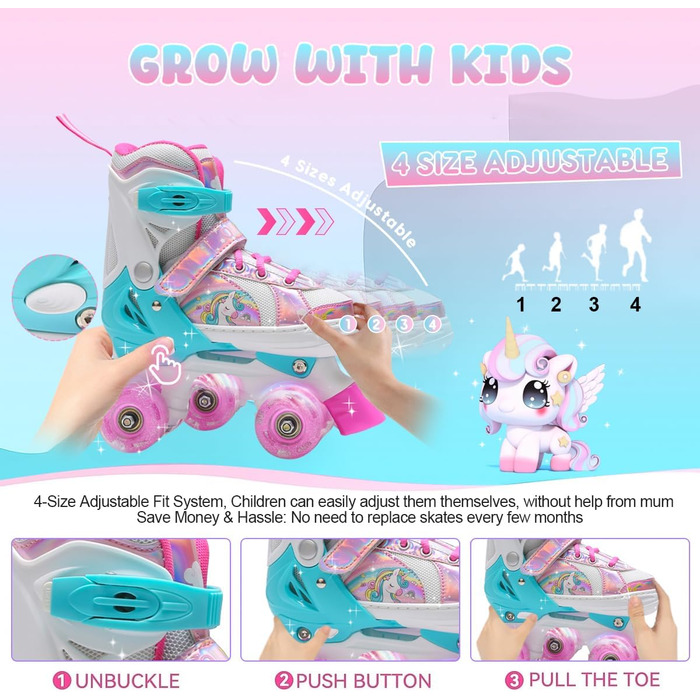 Роликові ковзани для дівчаток та дітей, 4 розміри, регульовані, з 8 світлодіодними колесами, рожеві