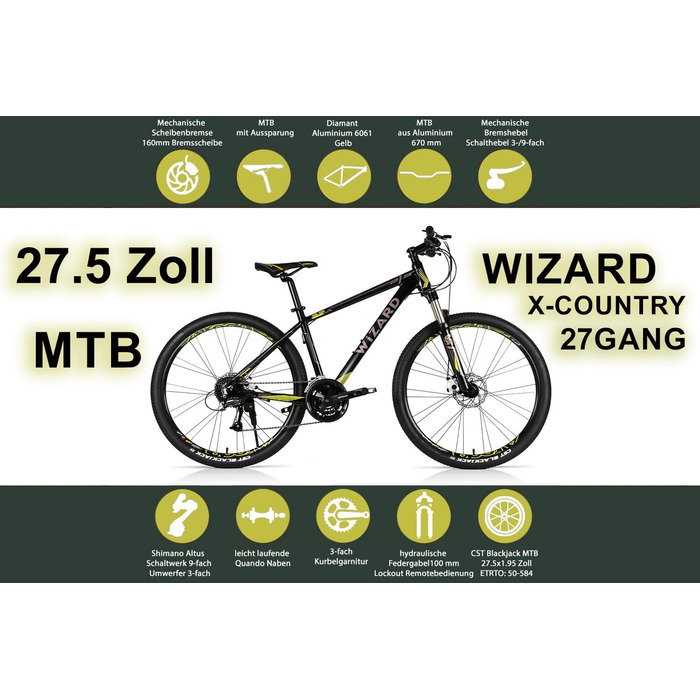 Гірський велосипед Wizard X-Country 3.5 для чоловіків, 27 швидкостей Deore, 27.5 дюймів, жовтий, рама 54 см