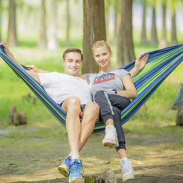 Гамак Nakeey подвійний 280 x 150 см, для відпочинку на природі, кемпінгу та туризму, легкий та дихаючий, вантажопідйомність до 300 кг, блакитний з смугами